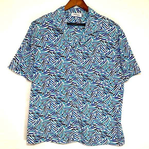 Vintage Worthington Blue Geometric Coastal Short‎ Sleeve Top Plus 14 Collared - Picture 1 of 13